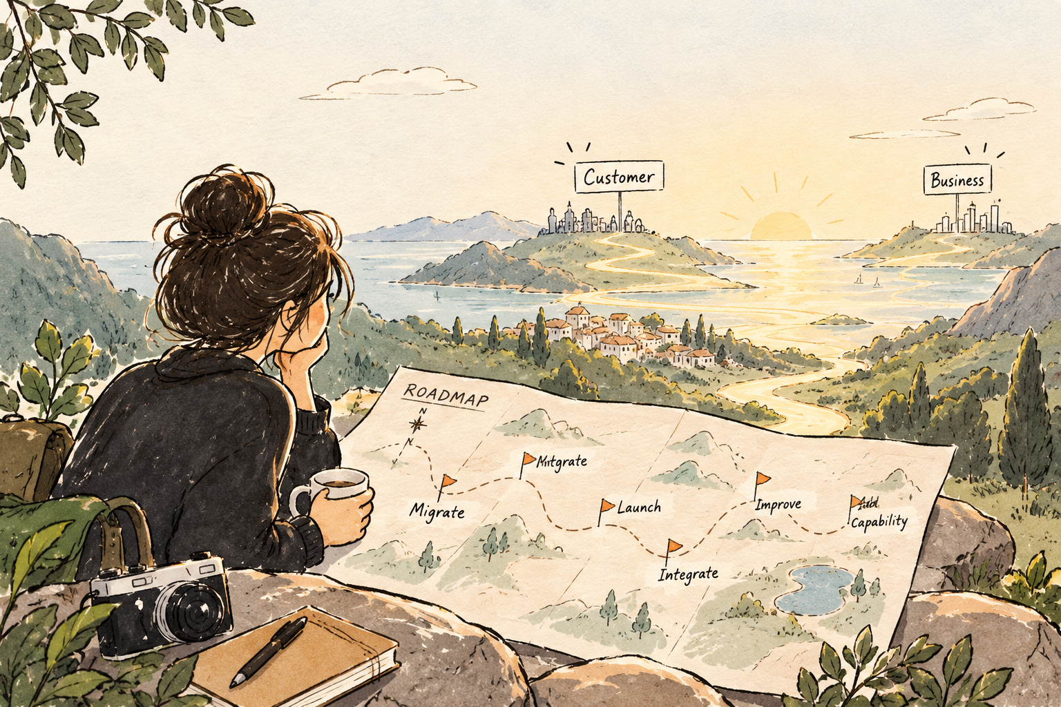 A traveller studies a roadmap of planned work while distant destinations labelled Customer and Business sit beyond the map in a warm watercolor landscape